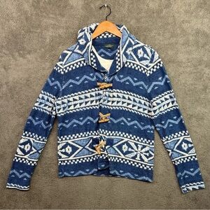 Lauren Ralph Lauren Blue and White Aztec Patterned Wooden Toggle Utility Jacket